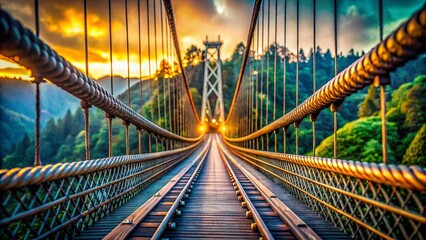 Obraz premium Modern Suspension Bridge Closeup: Steel Cables and Tower Detail