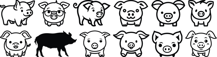 Pig silhouettes set, animal pack of vector silhouette design, isolated background