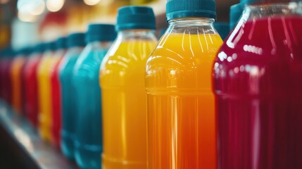 Colorful assortment of beverage bottles lined up on a store shelf, showcasing vibrant drinks