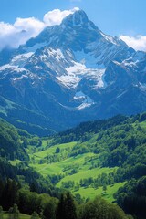 Obraz premium Majestic snow-capped mountain towering over lush green valleys under a clear blue sky