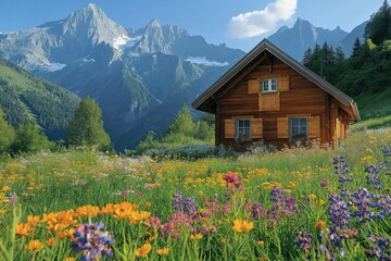Colorful wildflowers bloom in a mountain meadow near a rustic wooden cabin under a clear blue sky