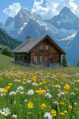 Cozy wooden cabin surrounded by vibrant wildflowers in a mountain landscape during daytime
