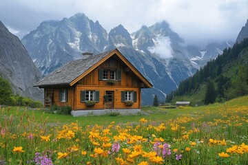 Fototapeta premium Wooden chalet surrounded by vibrant wildflowers and majestic mountains in a serene landscape