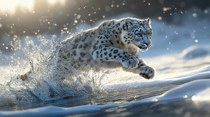 Fototapeta premium A majestic snow leopard leaping across a frozen river, water splashing in dynamic motion, icy wilderness in the background