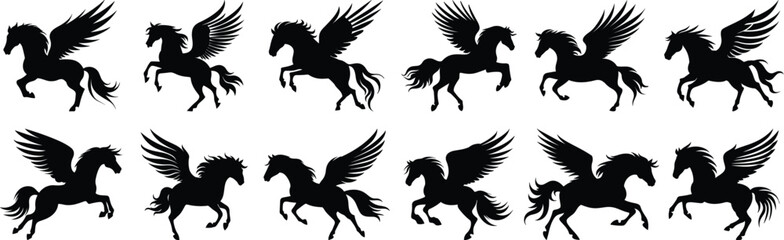 Pegasus silhouettes set, horse pack of vector silhouette design, isolated background