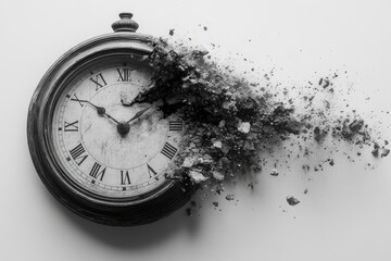 A clock exploding, against a white background