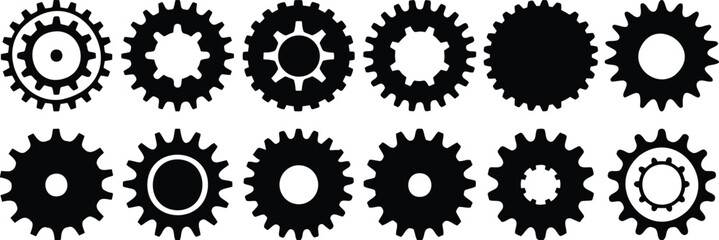 Gear silhouettes set, cog pack of vector silhouette design, isolated background