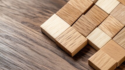 Wooden blocks arranged in pattern on wooden surface