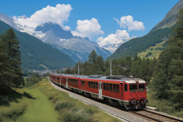 Obraz premium Scenic train journey through the mountains with vibrant red train under a bright blue sky