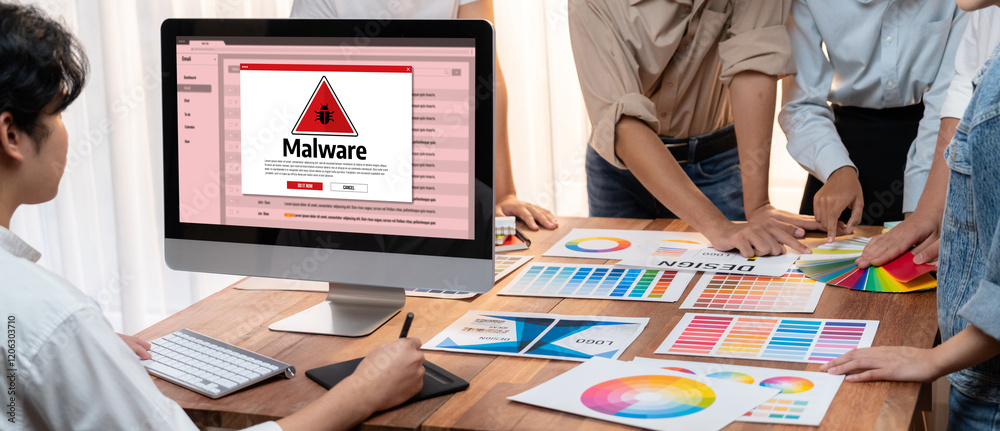 Aufkleber Cyber attacking concept. Malware alert showing on computer screen display scam and threat detection on computer system or online server to be removed brisk.