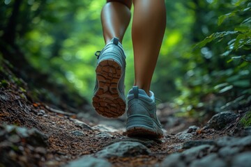 Close-up of a feet in hiking shoes walking on a forest trail, low-angle view, sunlight filtering through the trees