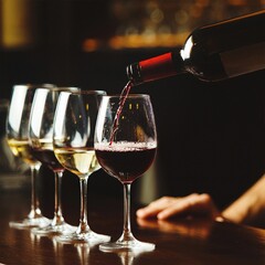 Elegant scene of wine being poured into glasses aligned in a row, showcasing the rich colors and graceful flow of the liquid, set against a dark, warm background, ideal sophisticated dining settings
