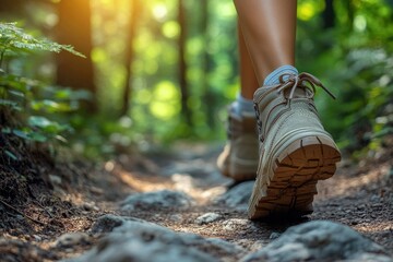 Close-up of a feet in hiking shoes walking on a forest trail, low-angle view, sunlight filtering through the trees