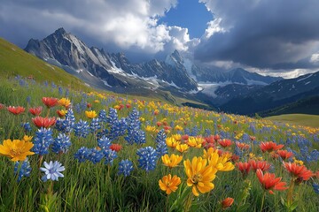 Vibrant wildflower meadow under dramatic mountain sky during daytime