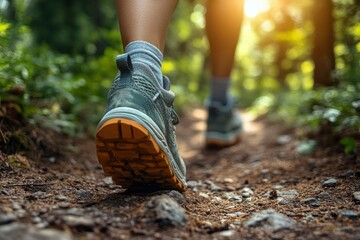 Close-up of a feet in hiking shoes walking on a forest trail, low-angle view, sunlight filtering through the trees