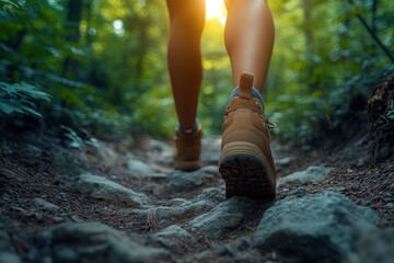 Close-up of a feet in hiking shoes walking on a forest trail, low-angle view, sunlight filtering through the trees