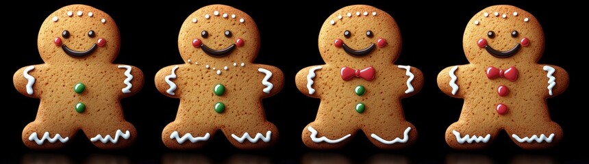Gingerbread man cookies on a black background, Each cookie has a different facial expression