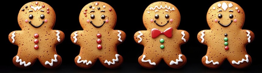 Gingerbread man cookies on a black background, Each cookie has a different facial expression