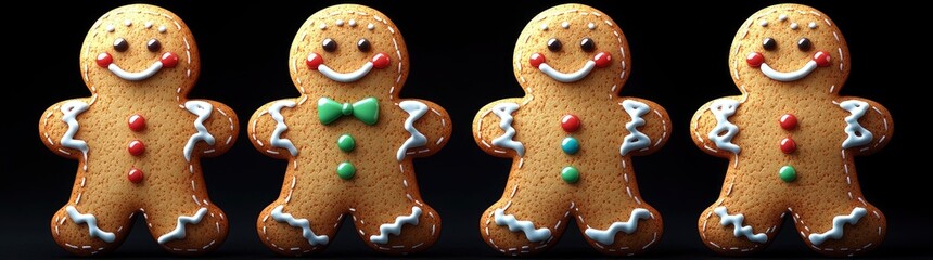 Gingerbread man cookies on a black background, Each cookie has a different facial expression