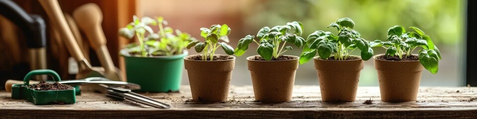 seedlings in cups and tools. Selective focus