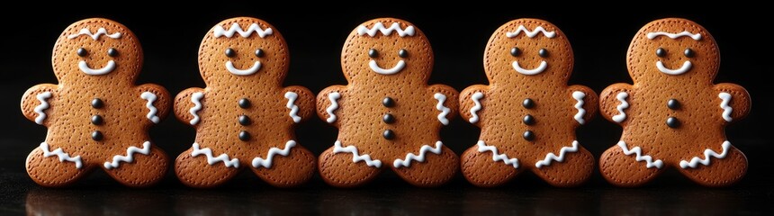 Gingerbread man cookies on a black background, Each cookie has a different facial expression