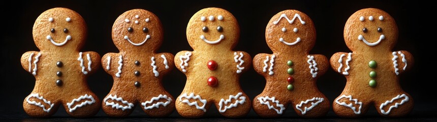 Gingerbread man cookies on a black background, Each cookie has a different facial expression