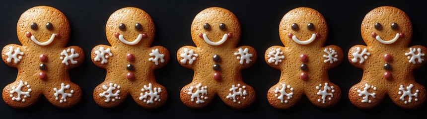 Gingerbread man cookies on a black background, Each cookie has a different facial expression