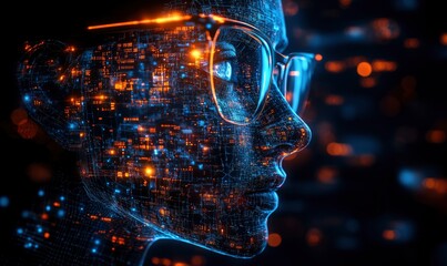 The head is made of digital and artificial intelligence elements, which glows with blue light on a black background