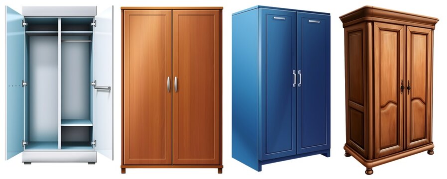 Variety of modern and classic wardrobes wooden, metal, and sliding door closets on a white background