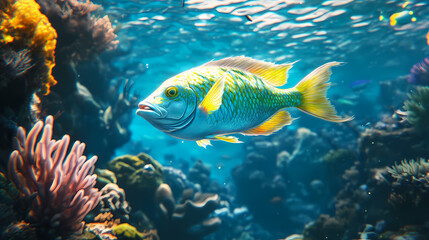 Obraz premium A vibrant, giant green-white fish swimming in deep azure sea surrounded by coral reefs at the ocean floor. Sapphire Sea. Illustration