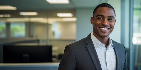 Fototapeta premium businessman, attractive man , smile, suit jacket and modern office background
