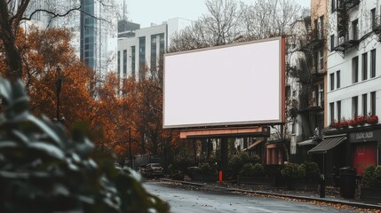 Obraz premium Empty White Billboard Mockup in an Autumnal Urban Setting, Ideal for Advertising Campaigns