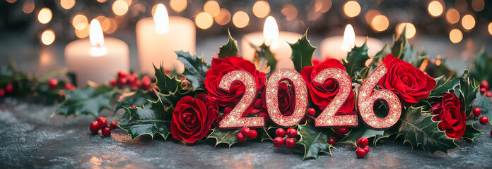 Festive Christmas 2026 Design with Glittering Red Roses, Holly, and Candlelight. Concept of Holiday Celebration, Festivity, Seasonal Decoration, New Year Anticipation