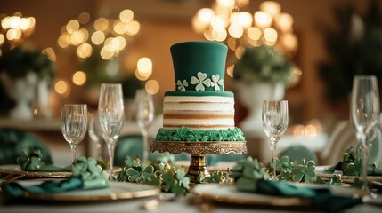 Layered cake wearing green shamrock hat, sitting on golden stand surrounded by St. Patrick's Day festive elements