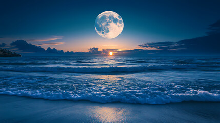 Beautiful sea with bright moon background. Sapphire Sea. Illustration