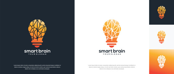 Naklejka premium Light bulb and brain network technology logo design. Digital technology logo design vector icon combination of light bulb brain.