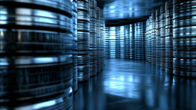 Futuristic Vault Interior Filled with Stacks of Digital Currency. Concept of Cryptocurrency, Finance Security, Technological Innovation. Bank