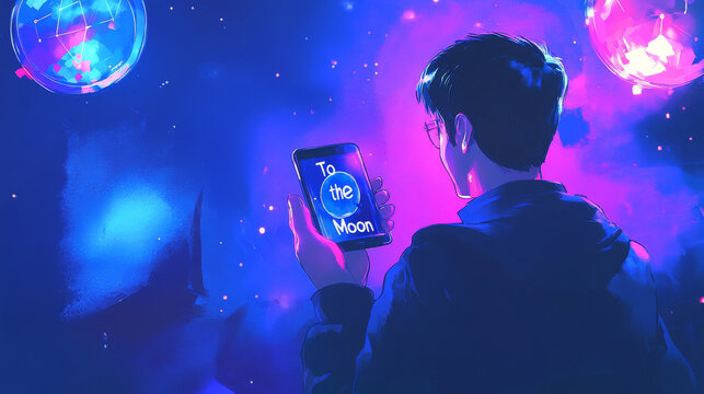 Young Man Viewing To the Moon on Smartphone in Cosmic Digital Art. Concept of Cryptocurrency Enthusiasm, Digital Innovation, Space Exploration. Copy space