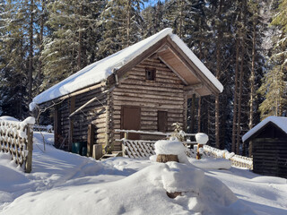 Hut in winter mountain ski resort