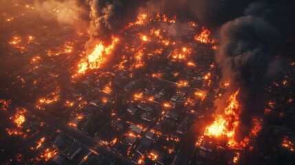 Aerial view of extensive fire engulfing residential neighborhood buildings in LA