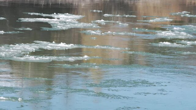Drifting ice on broad river. Melting blocks quickly float on the water on sunny day