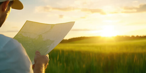 Cadastral map in hand on field background. Sale of building plot of land for house construction. Plan of future land plots