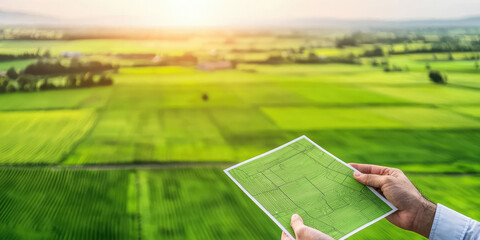 Cadastral map in hand on field background. Sale of building plot of land for house construction. Plan of future land plots