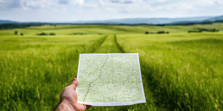 Cadastral map in hand on field background. Sale of building plot of land for house construction. Plan of future land plots