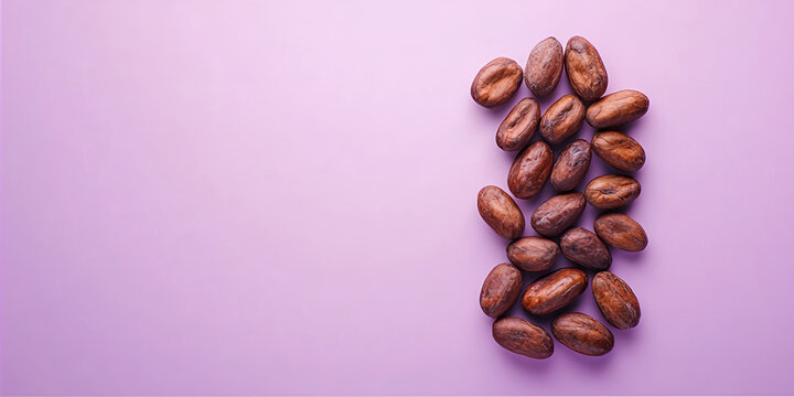 A cocoa beans top view on a simple purple background