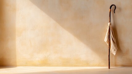 Shepherd hook with cloth in sunlight against beige wall