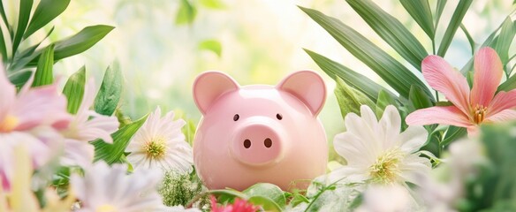 Piggy bank surrounded by lush spring flowers in a garden setting