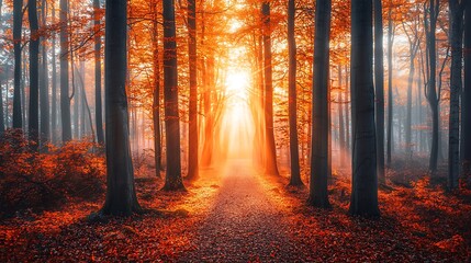Autumn forest path sunrise fog fall landscape