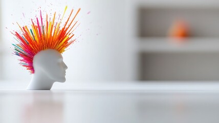 White mannequin head with vibrant colorful spikes on top