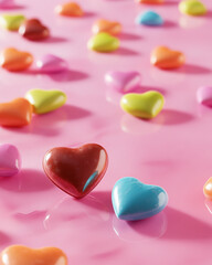 Fototapeta premium Colorful heart-shaped candies on a reflective surface, perfect for Valentine's Day